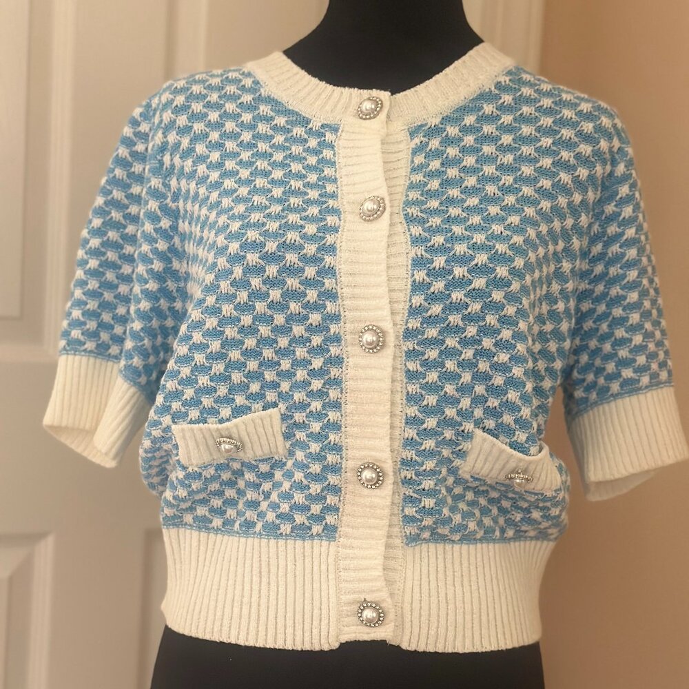 Blue and White Women's Cardigan Sweater